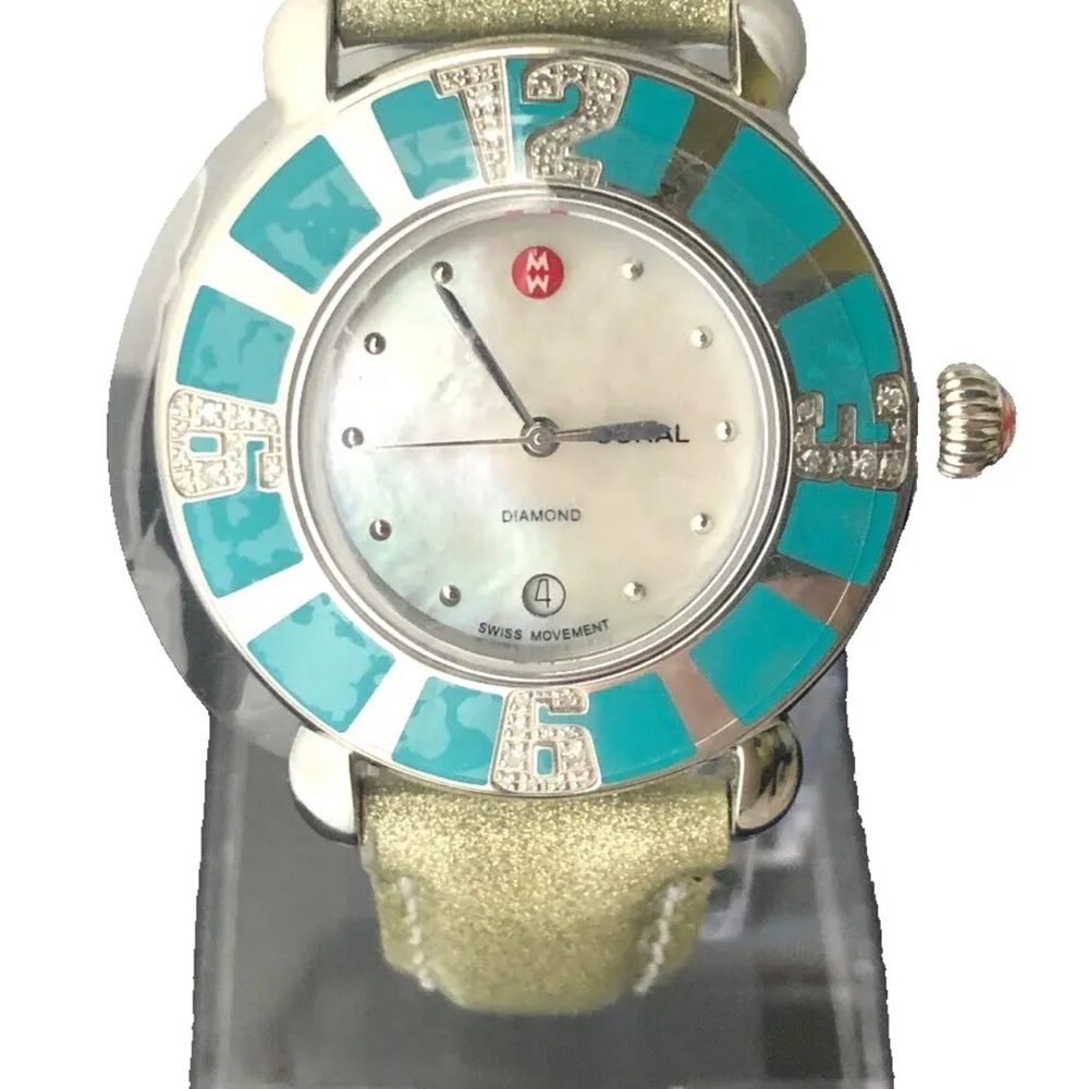 Michele Coral Turquoise 43 Diamonds Watch MW14B01F6025 SS Sapphire Crystal Swiss - Picture 14 of 16